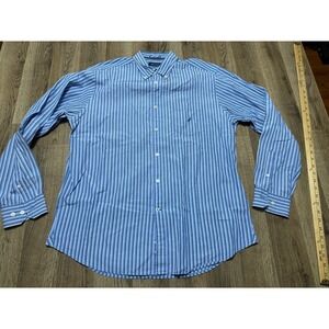 Nautica Shirt, Mens Large Blue White Brown Striped Button Up 100s Two Ply Cotton